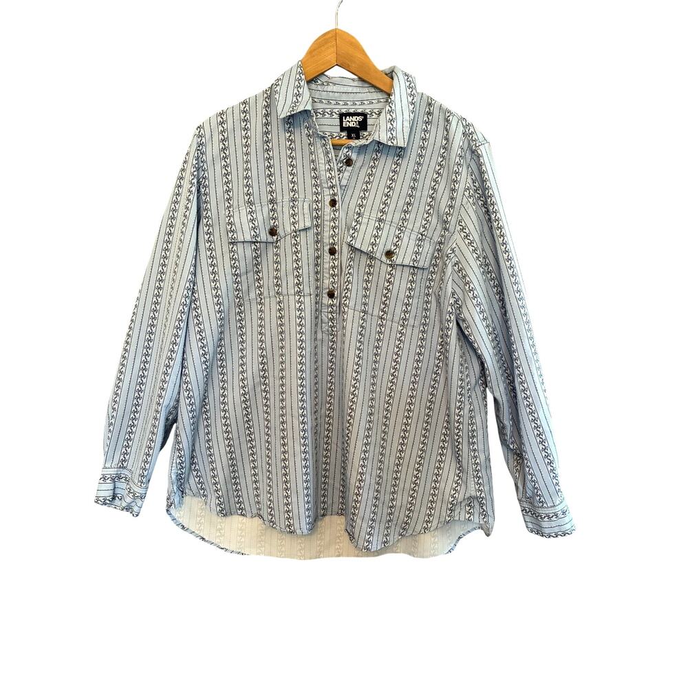 Lands' End Popoverβ Shirt Women XL 18 Blue Nautical Coastal Rayon Blend Casual